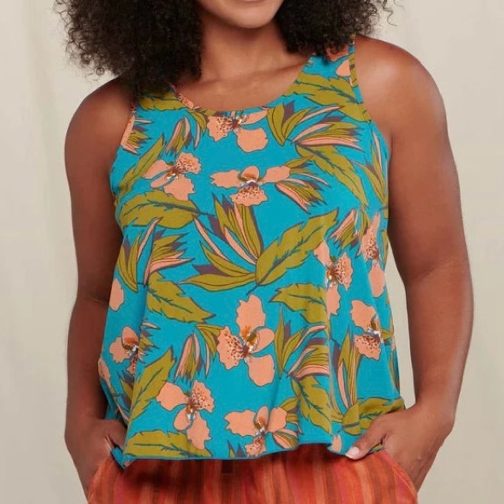 Toad&Co| ‘Sunkissed’ Tropical Floral Blue Orange Boxy Sleeveless Tank Top Sz S